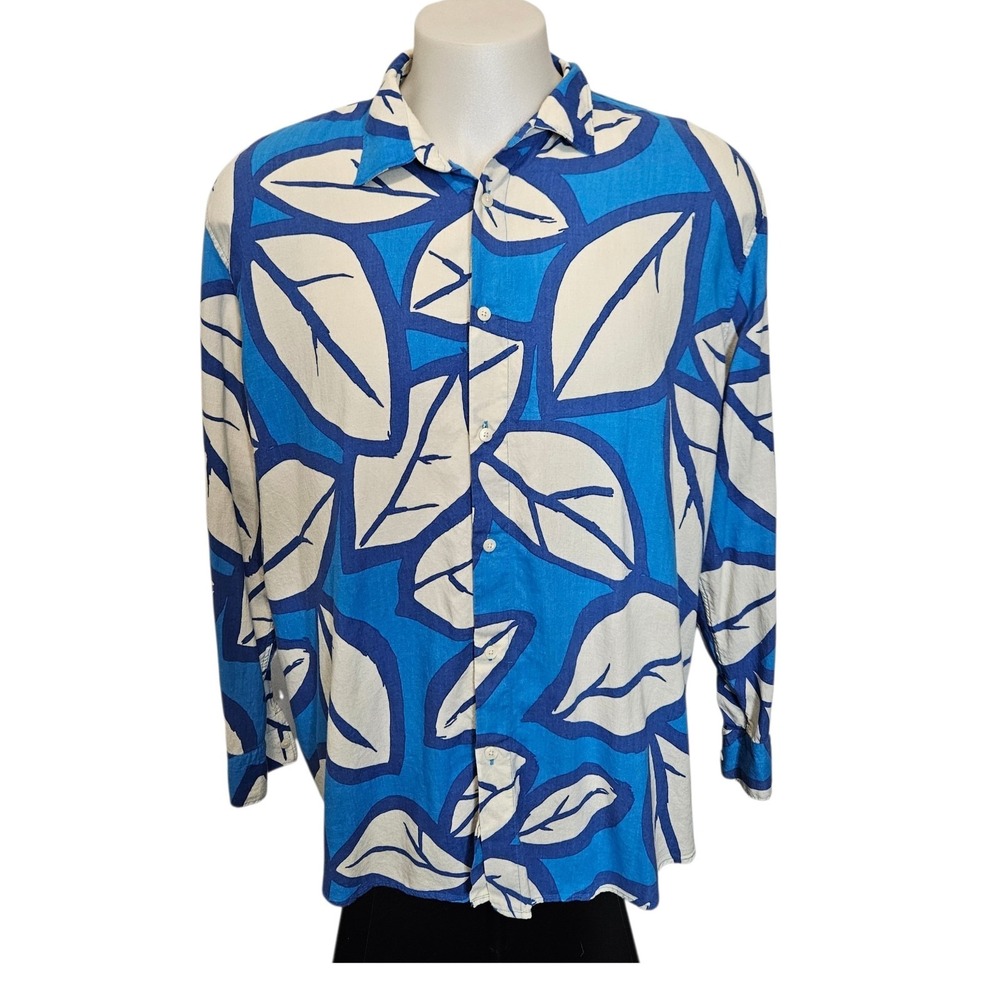 Zara Floral Bottom Down Shirt Long Sleeve White Blue Mens XXL 15% Linen